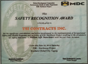 Safety Milestone - 1 Million Safe Man-Hours with No Lost Time Accident